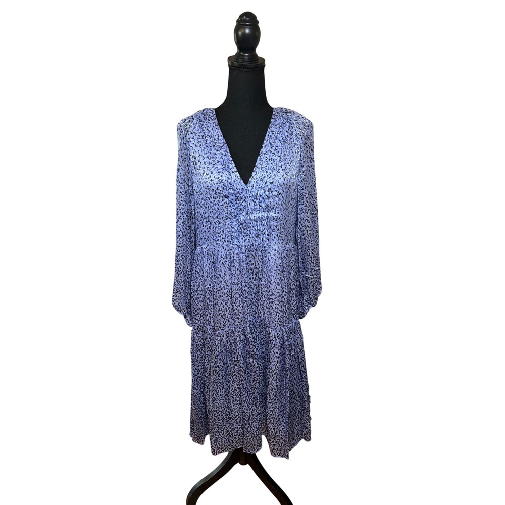 Joie Blue Animal Print Silk Blend Tiered V-Neck Midi Dress XS SilkBlend Business